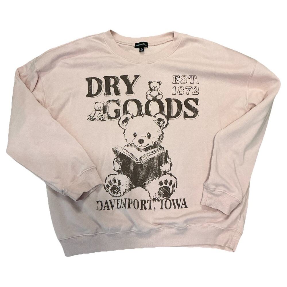 Dry Goods Women’s Soft Pink Crewneck Pullover Sweatshirt Teddy Bear Graphic L